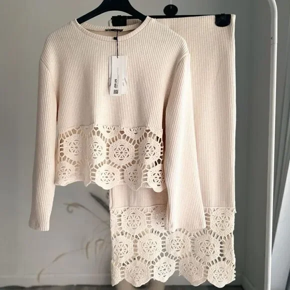 Zara Crochet Knit Co-Ord Set Skirt Top New - Picture 2 of 9